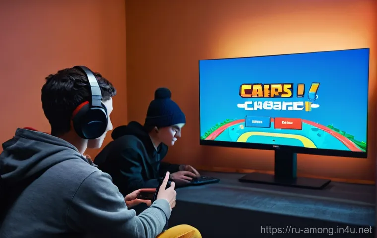 어몽어스와 폴가이즈의 인기 경쟁 - **Fall Guys: Custom Course Carnival**
    A vibrant and chaotic scene unfolds on a whimsical, user-d...