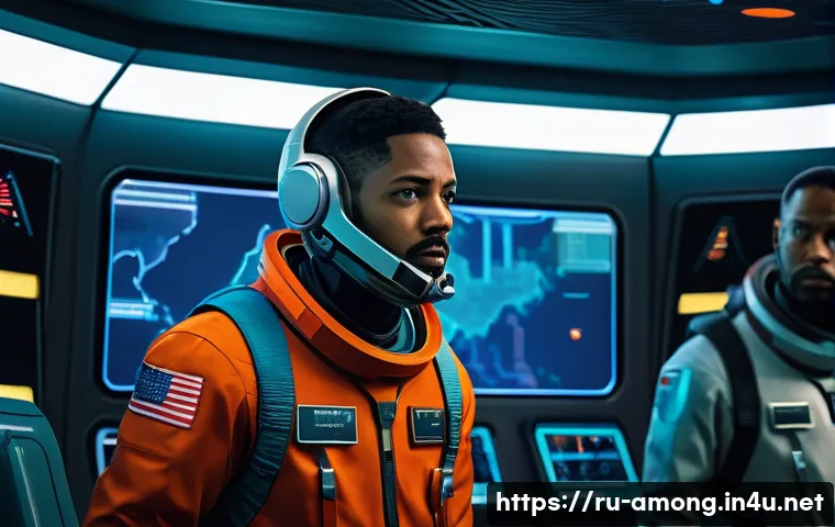 어몽어스 핵 유저 탐지법 - A tense Among Us game scene inside a spaceship, featuring a suspicious player character standing con...